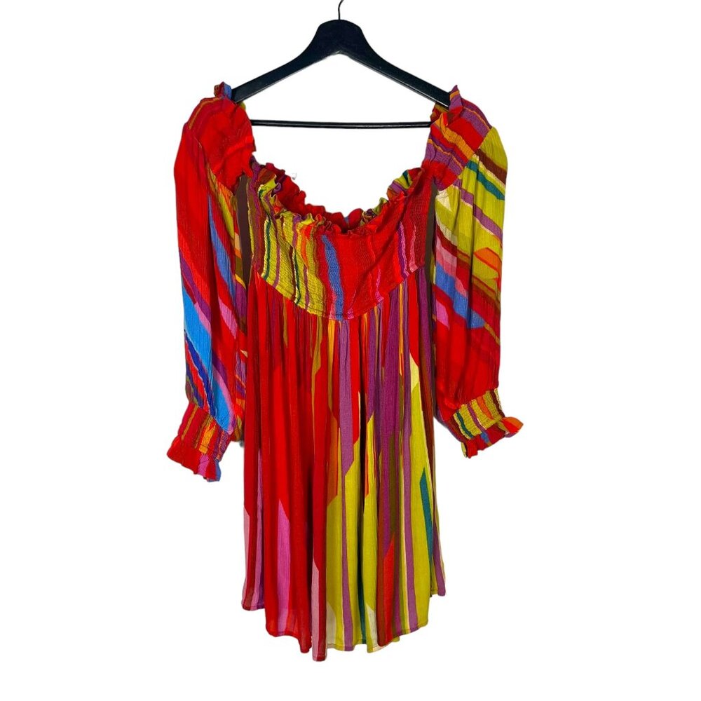Conditions Apply Multicolor Shirred Bust Off Shoulder Above Knee Dress Small